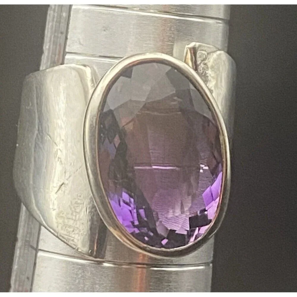 Amethyst 925 Silver Ring Bold Asymmetrical Oval Gem Quality  Sz 8.5 9.7 g Unisex - Picture 8 of 15
